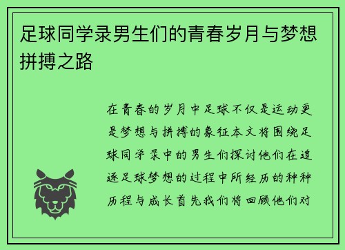 足球同学录男生们的青春岁月与梦想拼搏之路